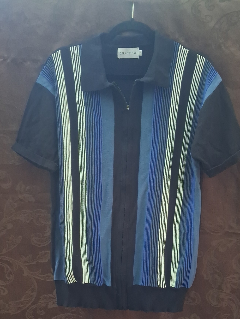 Oxknit Blue & Black Short-Sleeve Zip Polo with Vertical Stripes Size L